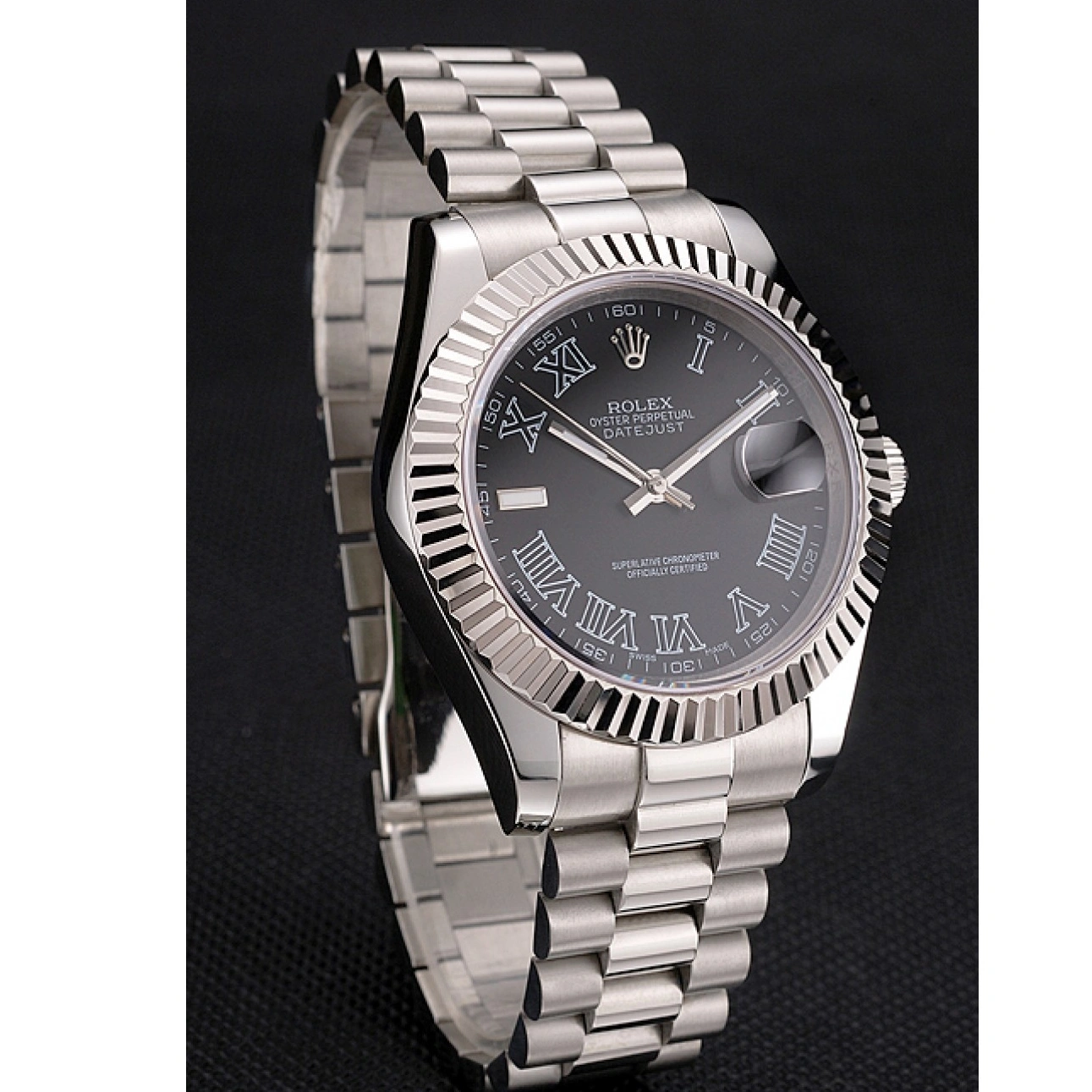 MiroTime 1024 Swiss Rolex Datejust Black Dial Roman Numerals Stainless Steel Case And Bracelet